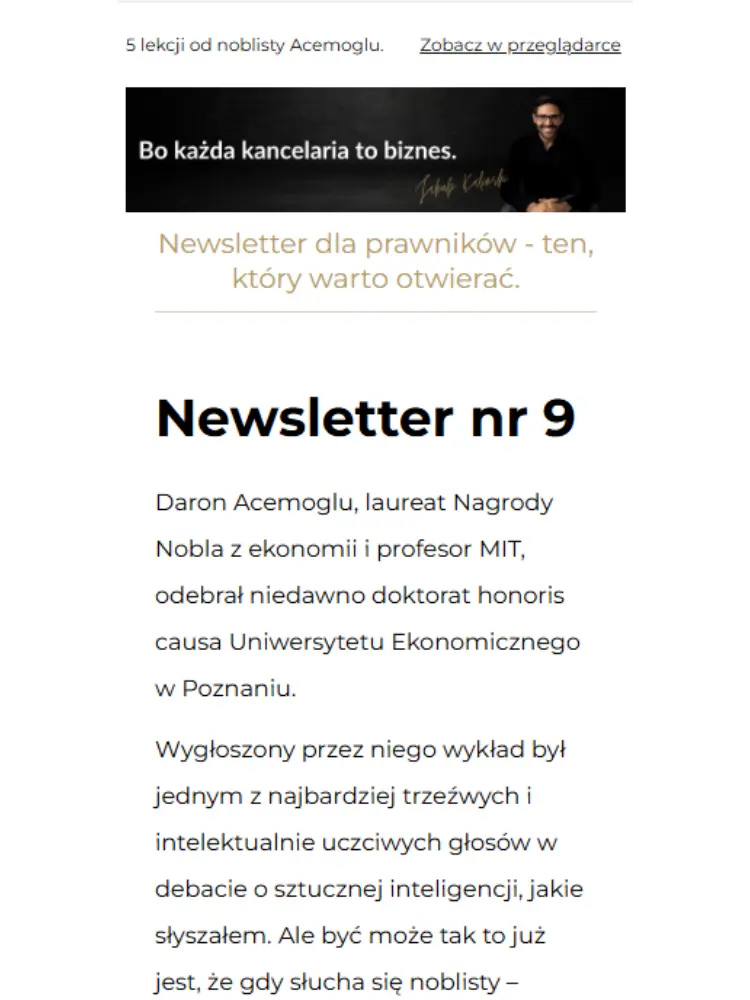 Przykład newslettera Jakuba Kalińskiego 1